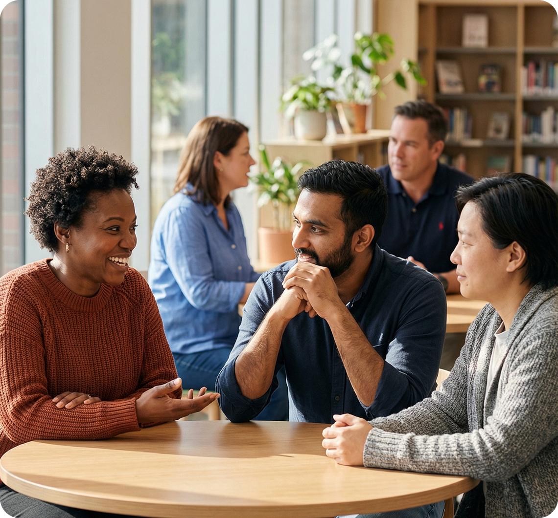 Team sitzt in lockerer Atmosphäre zusammen, tauscht sich aus und genießt die positive Stimmung im Coaching.