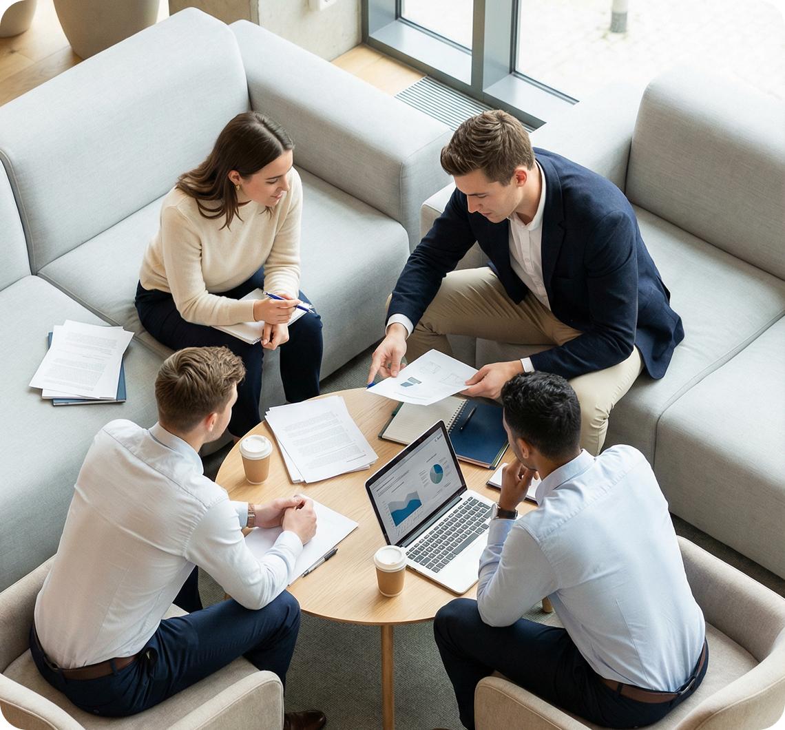 Gruppe von Klienten sitzt im Kreis bei Dr. Katja Mitzscherlings Coaching und arbeitet angeregt an einer gemeinsamen Aufgabe.