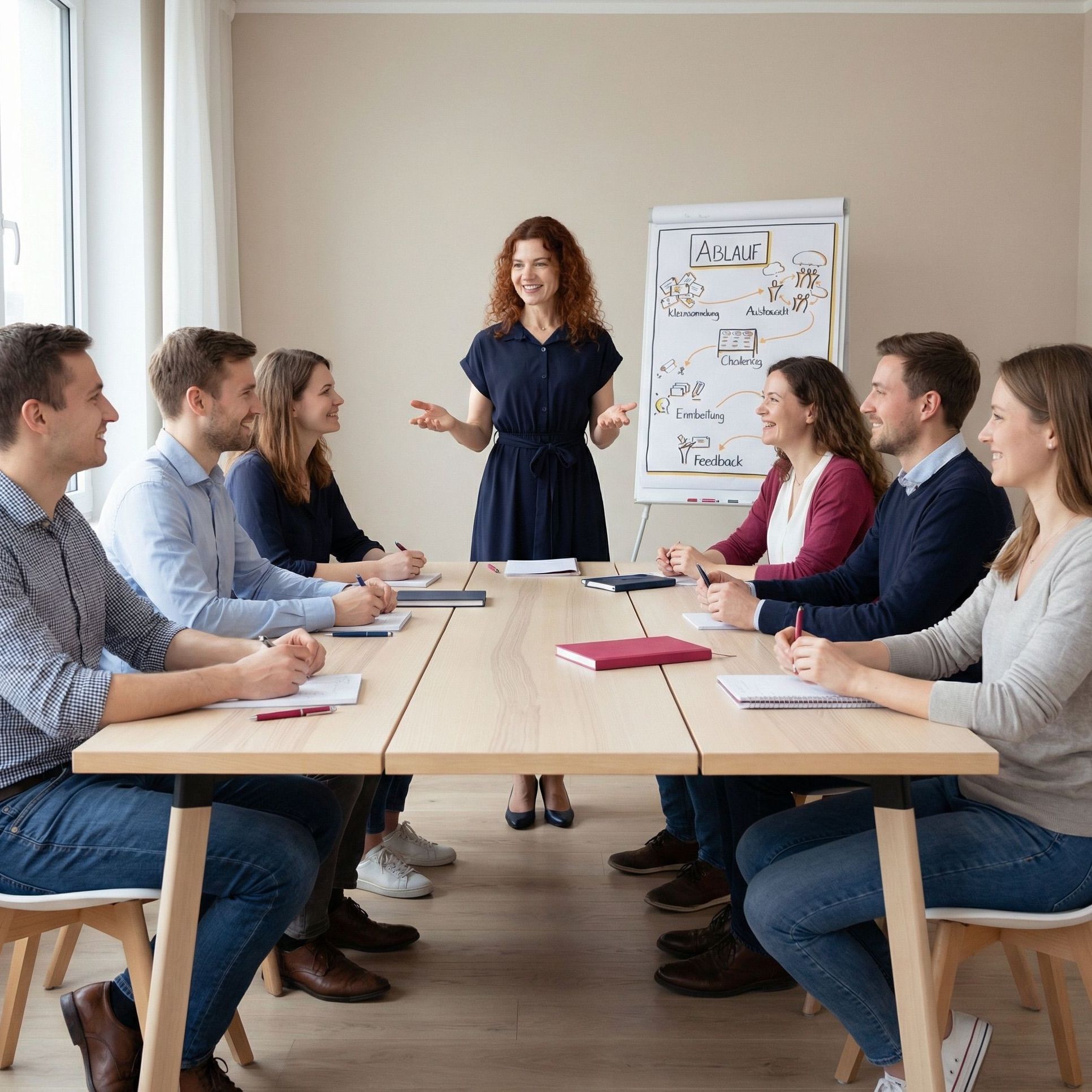 Gruppe von Klienten sitzt an einem Tisch bei Dr. Katja Mitzscherlings Coaching und arbeitet angeregt an einer gemeinsamen Aufgabe.