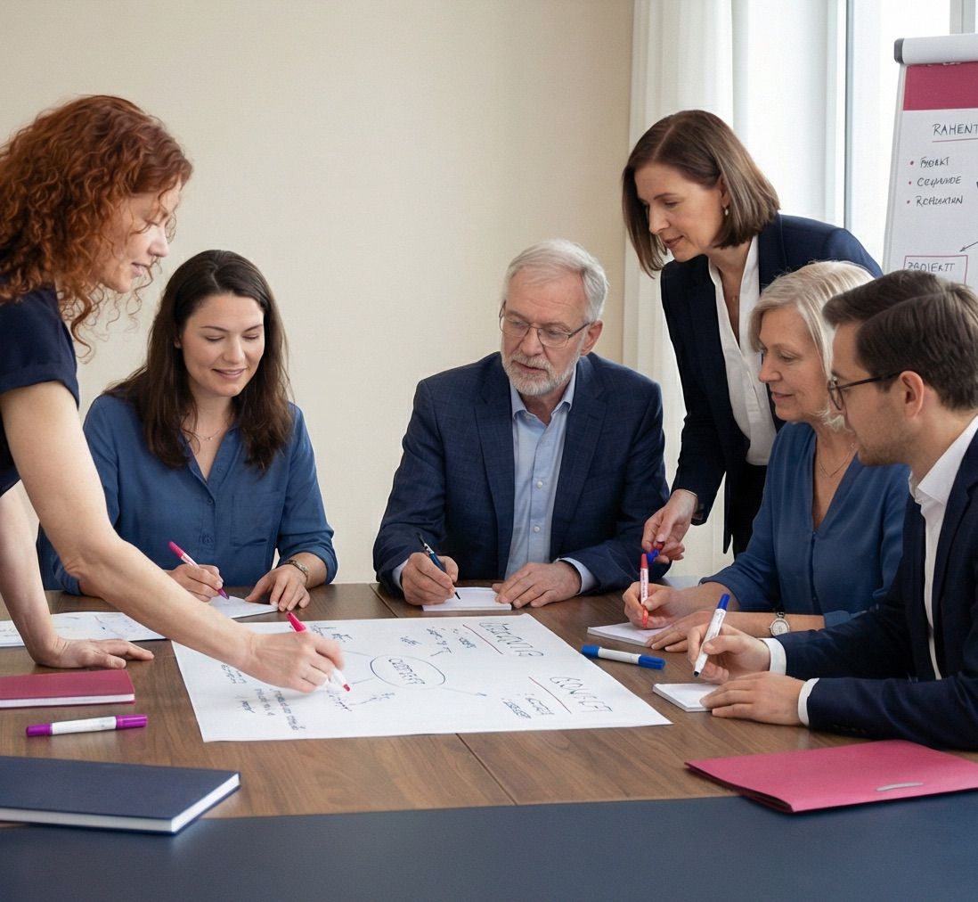Gruppe sitzt an einem Tisch zusammen, während Coachin Dr. Katja Mitzscherling etwas auf einem großen Papierbogen erklärt.